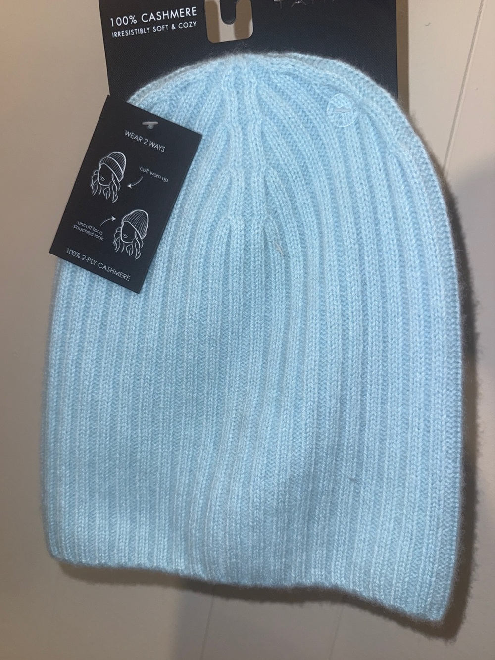 Brand New 100% Cashmere Blue Ribbed Beanie